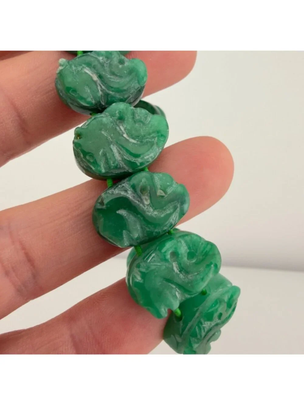 Green Carved Stone Dragon Stretch Bracelet Panel